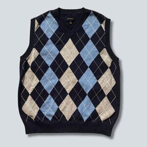 Club Room Sweater Vest Mens Small Navy Blue Argyle V Neck Preppy Golf Layering